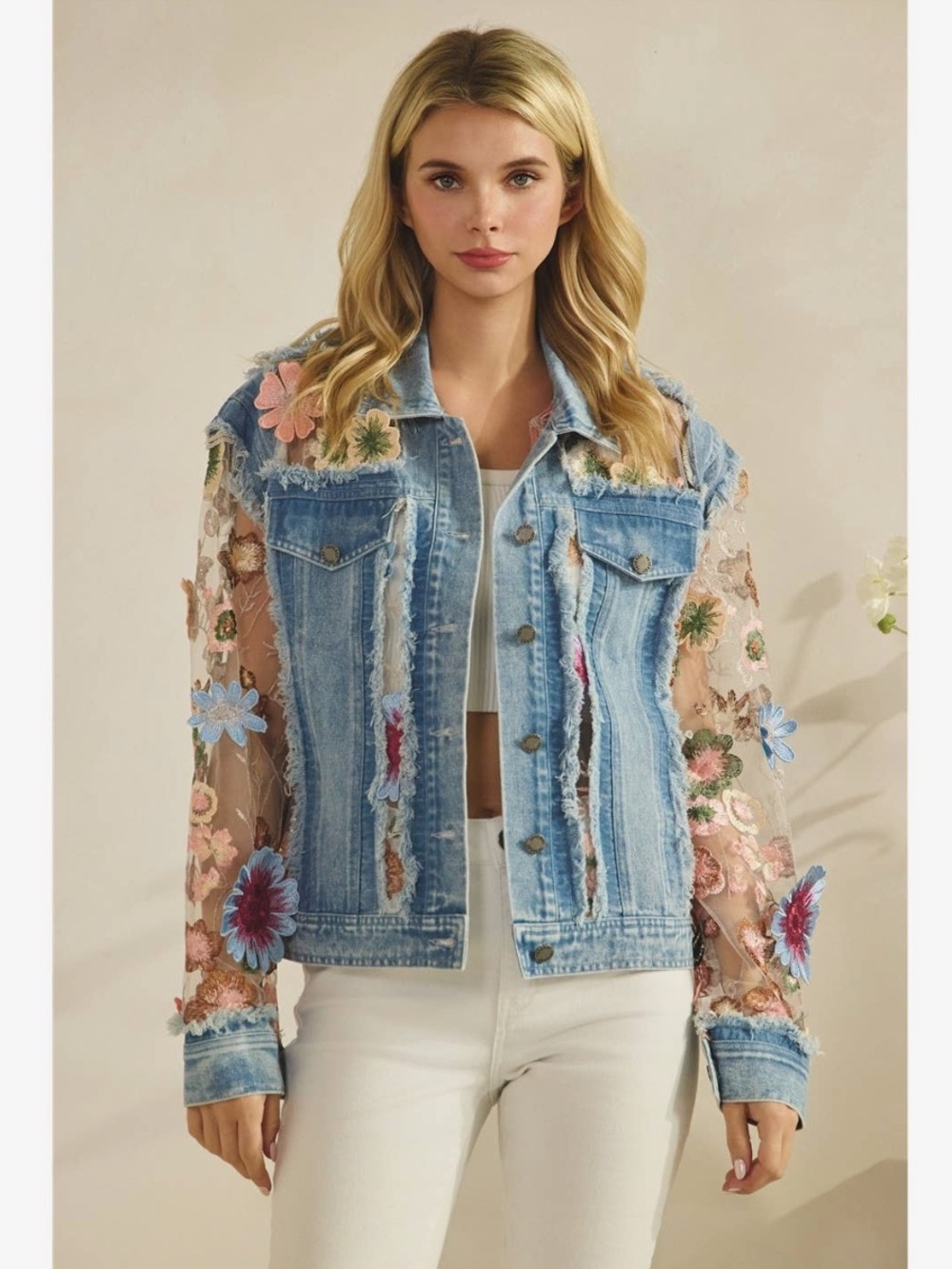 *LAST ONE* Veveret Denim Floral Appliqué Organza Jacket